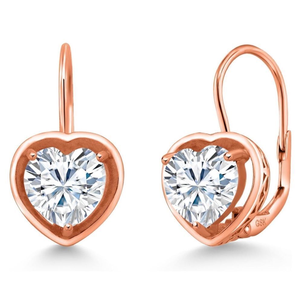 18K Rose Gold 925 with 2.60 Cttw 7MM Moissanite Heart Leverback Drop Earrings